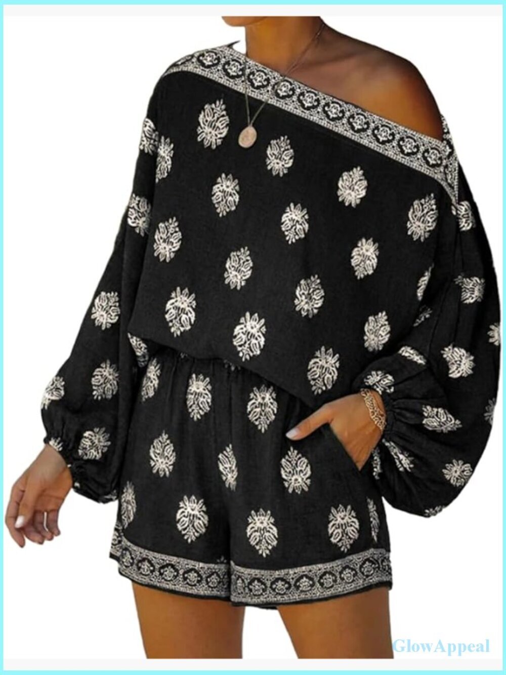 Off Shoulder Lantern Sleeve Jumpsuit High Waist Shorts Loose Fit Summer Romper